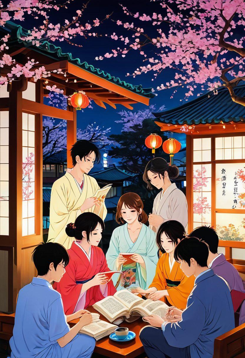 A whimsical and colorful scene depicting a diverse group of individuals engaged in reading erotic manga and enjoying Japanese adult videos, surrounded by vibrant illustrations from the genres, with a backdrop of Japanese culture elements like cherry blossoms and lanterns. The atmosphere should feel inviting and intriguing, showcasing the blend of art and adult themes. The characters should represent various ages and backgrounds, celebrating the universality of these interests. cartoon style. bright colors. dynamic composition.