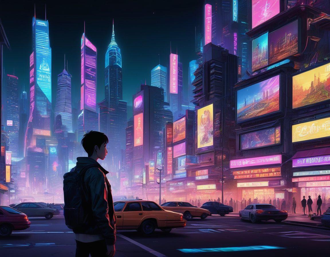 A bustling neon-lit cityscape at night, featuring a collage of traditional books morphing into digital screens displaying vibrant hentai art. Characters from various adult genres blend into the pixelated skyline, symbolizing the transition from pages to pixels. Include dynamic lighting and a sense of motion to emphasize cultural evolution. cyberpunk. vibrant colors. super-realistic.